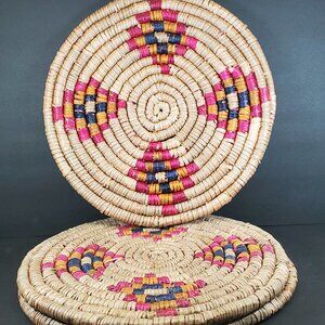 14" Straw woven coiled wall, table decor or Centerpiece, multi-color, Trivet